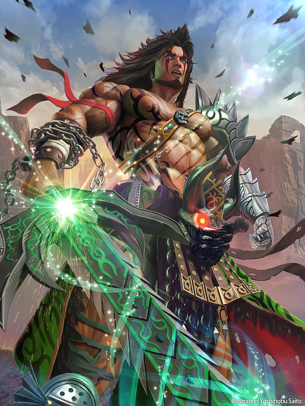 armband, bahamut_greed, canyon, chain, character_request, codpiece, facial_hair, gauntlets
