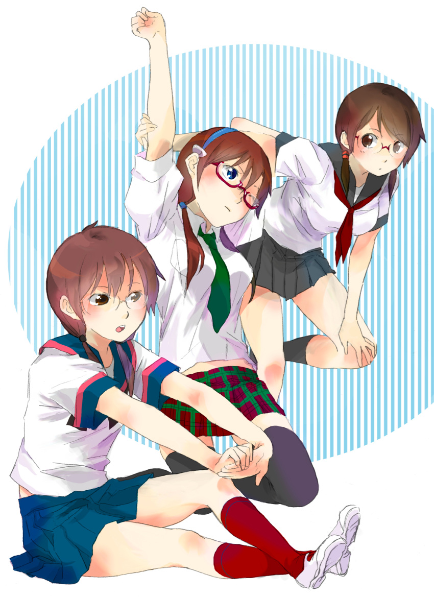 3girls, a_channel, blue_eyes, brown_eyes, brown_hair, glasses, hairband, highres