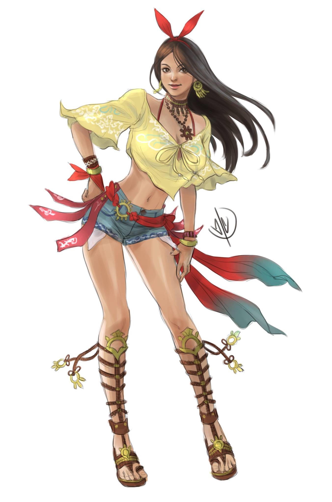 1girl, alternate_costume, alternate_hair_length, alternate_hairstyle, barefoot_sandals, black_hair, bra_strap, bracelet, breasts, cleavage, commentary, dark_skin, denim, denim_shorts, derivative_work, earrings, hairband, hand_on_hip, highres, jewelry, john_dimayuga, josie_rizal, leaning_forward, lips, long_hair, namco, necktie, nose, off-shoulder_shirt, sash, shirt, short_shorts, shorts, solo, tekken, tekken_7, toes
