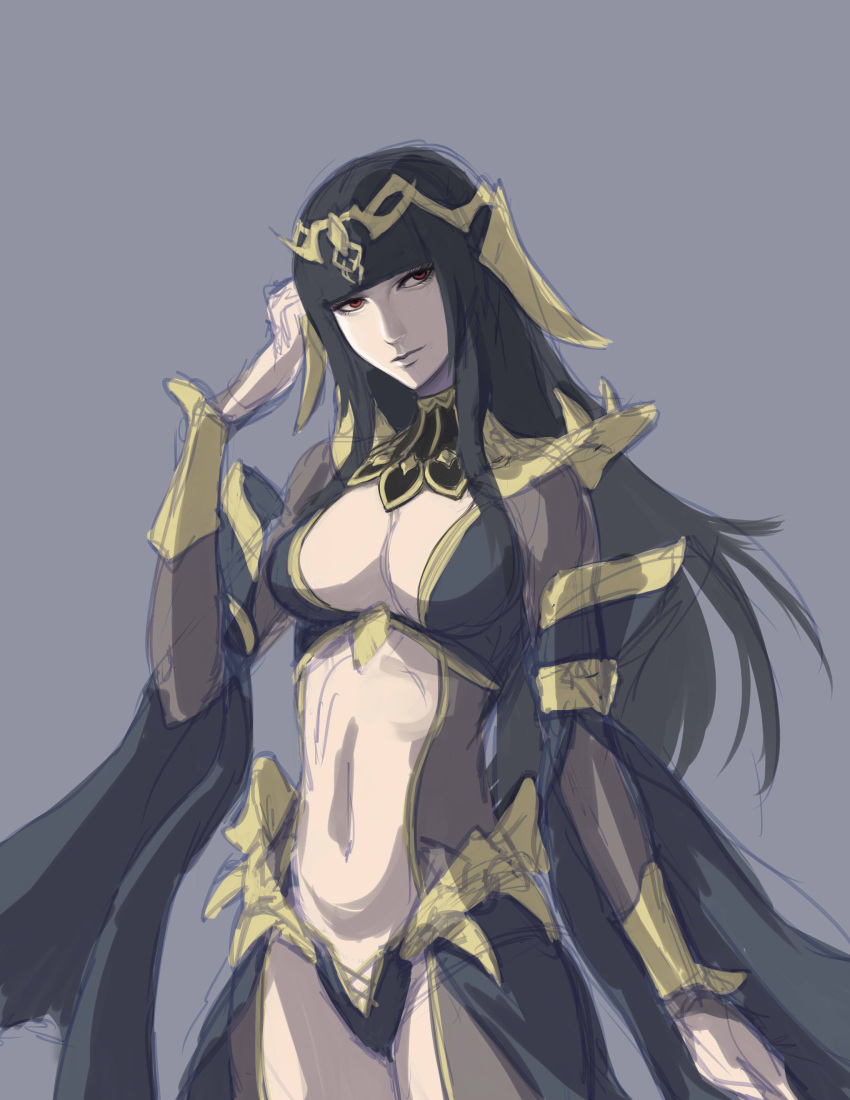 1girl, absurdres, adapted_costume, bangs, black_hair, blunt_bangs, breasts, center_opening