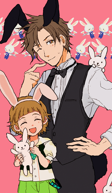 2boys, :3, animal_ears, blush, brown_eyes, brown_hair, himeno_kanon, idolmaster