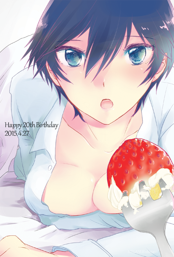 1girl, birthday, blue_eyes, blue_hair, breasts, cleavage, dated, feeding, food, fork, fruit, happy_birthday, lying, on_stomach, open_clothes, open_mouth, open_shirt, persona, persona_4, pov, pov_feeding, shinocco, shirogane_naoto, shirt, short_hair, solo, strawberry, whipped_cream