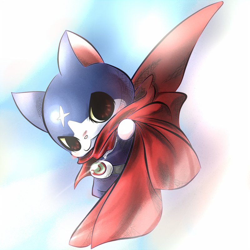blue_background, cape, cat, fuyunyan, murufu, no_humans, scar, white_background, youkai, youkai_watch