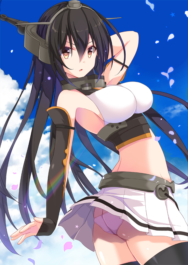 arm_behind_head, arm_up, ass, bare_shoulders, black_gloves, black_hair, blue_sky, breasts, elbow_gloves, fingerless_gloves, gloves, headgear, kantai_collection, large_breasts, long_hair, looking_at_viewer, looking_back, midriff, miniskirt, nagato_(kantai_collection), panties, pleated_skirt, rainbow, red_eyes, sideboob, skirt, skirt_lift, sky, takanashi_haruto, thigh-highs, underwear, white_panties, white_skirt