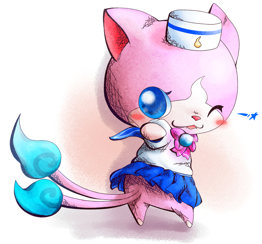 blue_eyes, blue_skirt, blush, cat, fangs, from_behind, full_body, hat