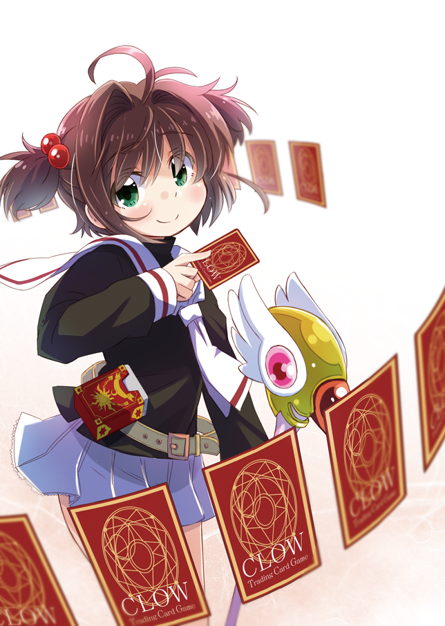 1girl, blush, brown_hair, card, cardcaptor_sakura, fuuin_no_tsue, green_eyes, kinomoto_sakura