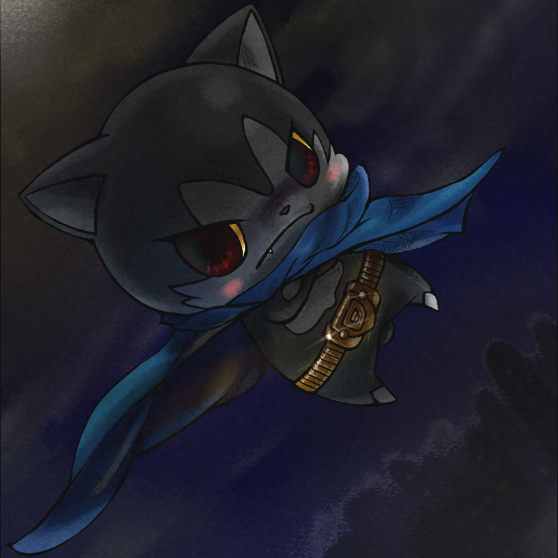belt, blue_cape, blush, cape, cat, crossed_arms, darknyan, dutch_angle, fang, full_body, murufu, no_humans, red_eyes, solo, yellow_sclera, youkai, youkai_watch