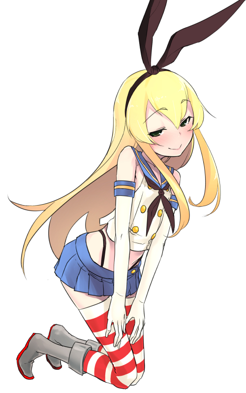 1girl, bare_shoulders, blonde_hair, elbow_gloves, gloves, hair_ribbon, kantai_collection, kneeling