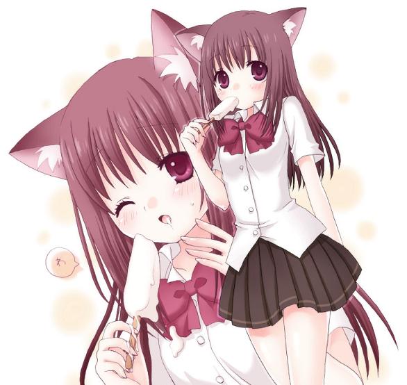 blush, bow, brown_hair, ice_cream, icy_pole, long_hair, nekomimi, pink_eyes, red_eyes, redhead, seifuku, skirt, sucking, uniform, violet_eyes, white_shirt