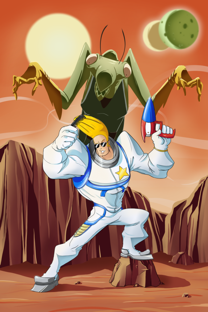crossover, dandy_(space_dandy), energy_gun, johnny_bravo, johnny_bravo_(character), ray_gun, space_dandy, space_ghost_(series)