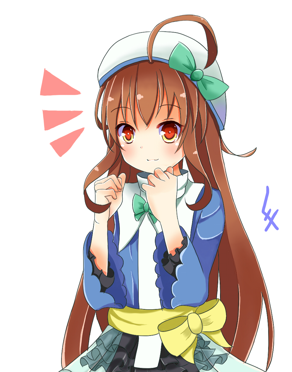 ahoge, beret, brown_hair, hat, long_hair, ole_tower, polisher_(ole_tower), tagme