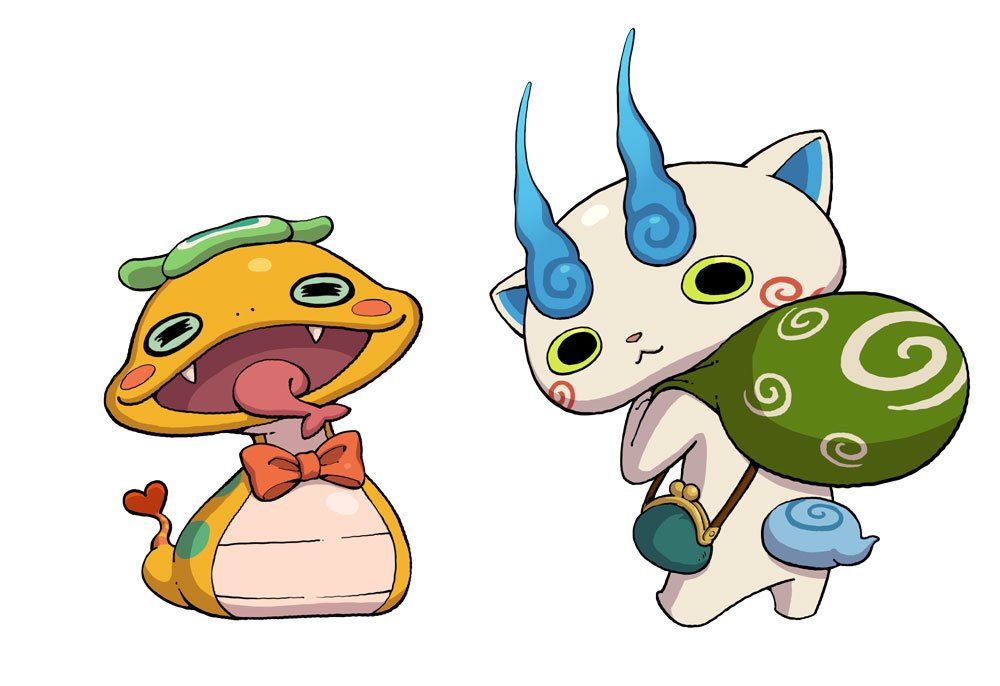 artist_request, blush_stickers, bowtie, coin_purse, fangs, flat_color, forked_tongue, from_behind, furoshiki, koma-san, long_tongue, looking_back, no_humans, official_art, open_mouth, simple_background, snake, tongue, tsuchinoko_(youkai_watch), white_background, youkai, youkai_watch, youkai_watch_2