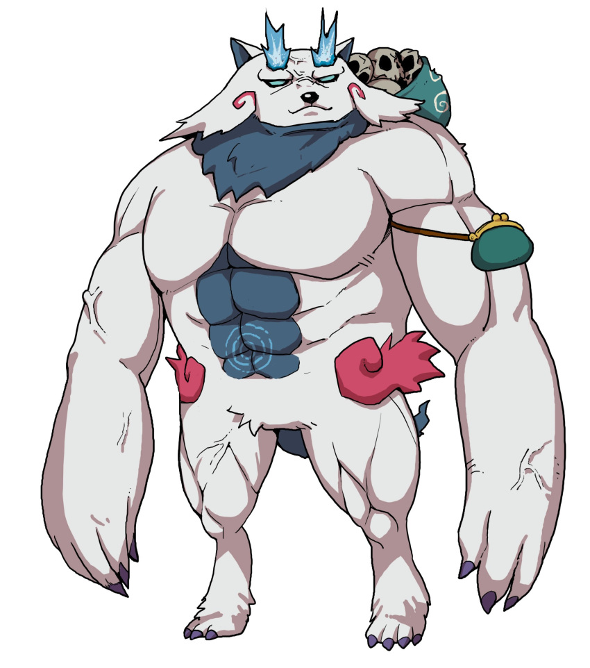 artist_request, blue_eyes, coin_purse, flat_color, full_body, furoshiki, highres, mighty_dog, muscle, muscular_male, official_art, paws, simple_background, skull, solid_eyes, solo, standing, white_background, white_fur, youkai, youkai_watch