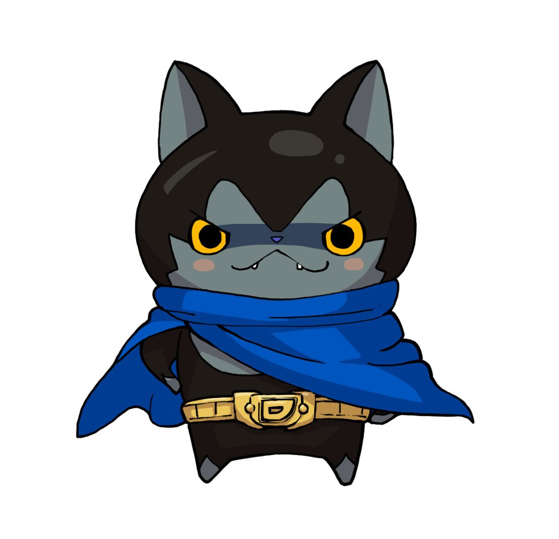 artist_request, belt, blue_cape, blush_stickers, cape, cat, darknyan, fangs, flat_color, full_body, looking_at_viewer, no_humans, official_art, simple_background, solo, white_background, youkai, youkai_watch