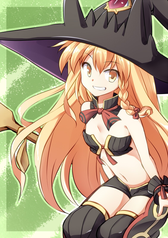 1girl, bare_arms, bare_shoulders, black_legwear, blonde_hair, braid, dairi, grin