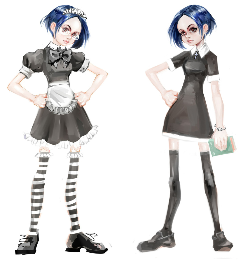 apron, black_dress, blue_hair, book, bracelet, brown_eyes, cross, dress