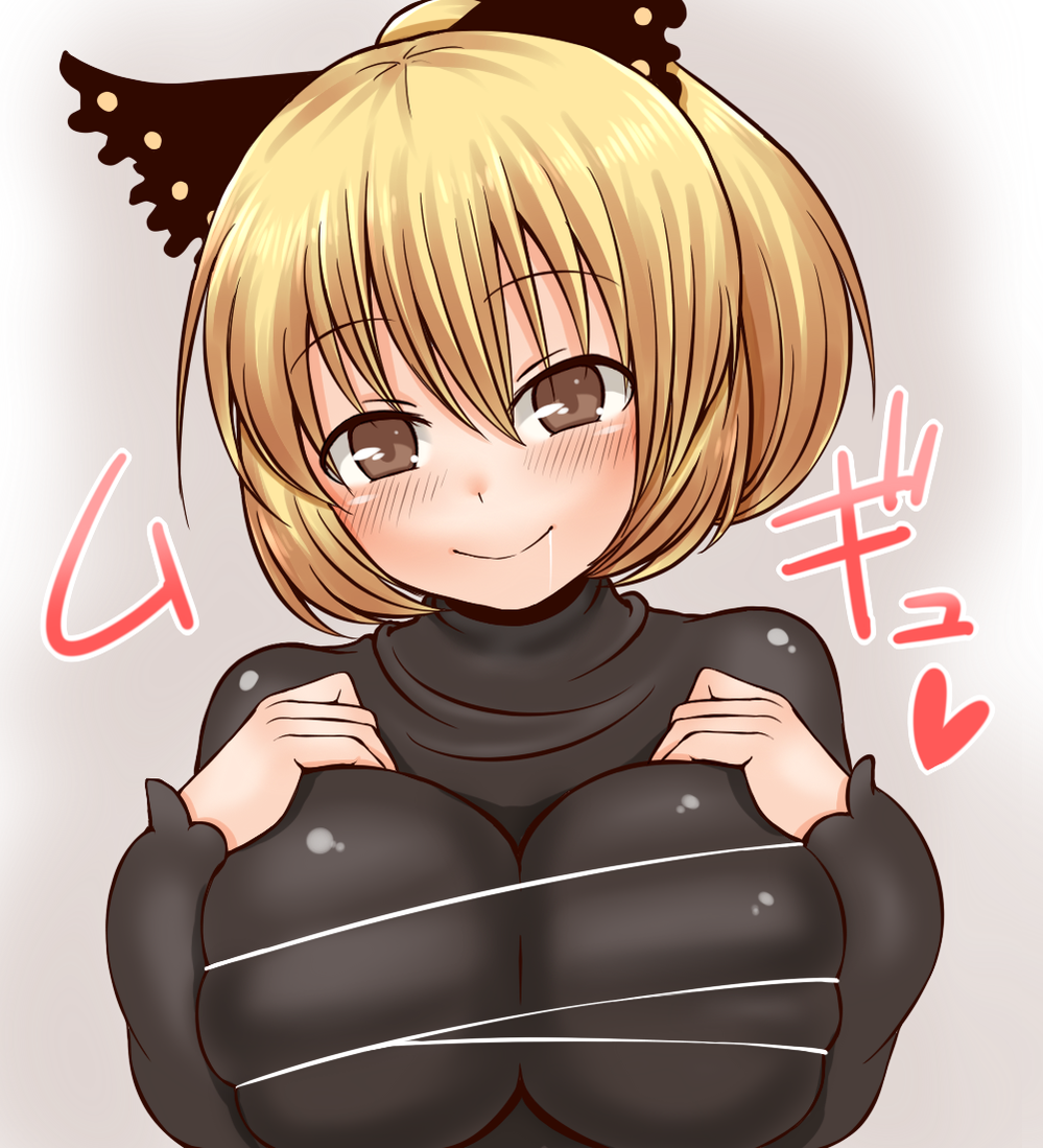 1girl, blonde_hair, blush, bow, breast_focus, breast_squeeze, breasts, clothed_cleavage, hair_bow, kurodani_yamame, large_breasts, looking_at_viewer, ponytail, rantanatan, saliva, saliva_trail, short_hair, smile, solo, touhou