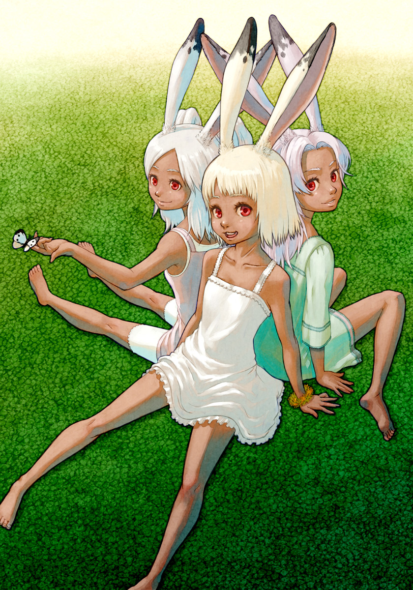 animal_ears, barefoot, bunny_ears, butterfly, dress, feet, final_fantasy, final_fantasy_xii, fran, gahon, highres, jote, mjrn, multiple_girls, rabbit_ears, viera, young
