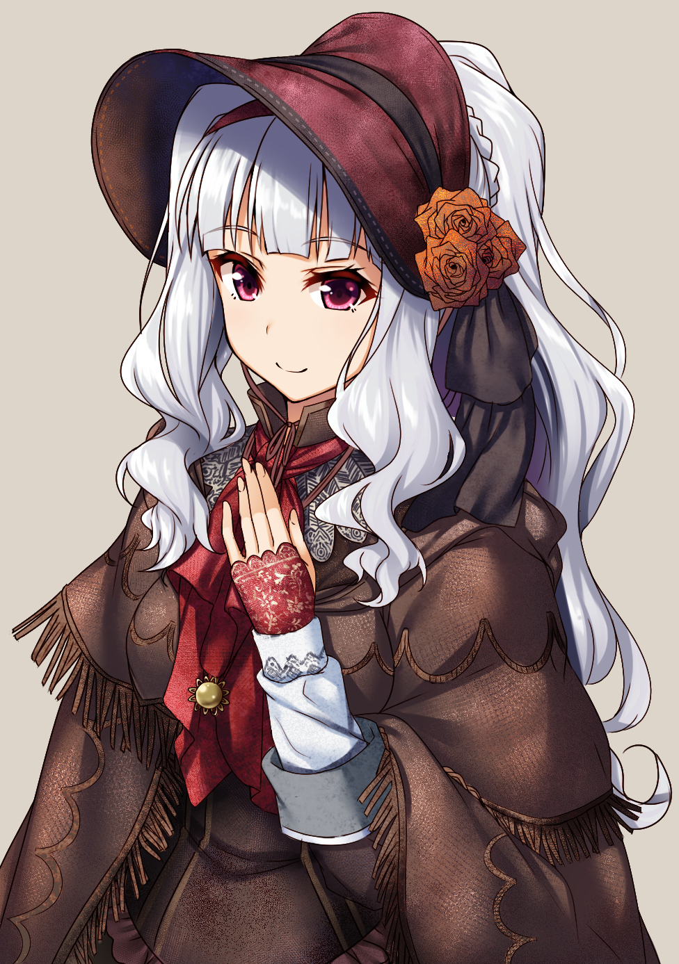 1girl, ascot, bloodborne, bonnet, brown_dress, cape, dress, gauntlets, highres, idolmaster, lolita_fashion, long_hair, long_sleeves, pink_eyes, plain_doll, plain_doll_(cosplay), raiou, shijou_takane, silver_hair, smile, solo