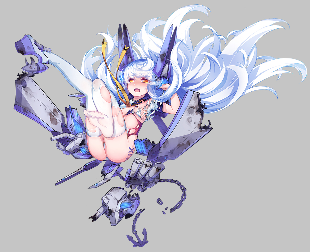 1girl, anchor, ass, burnt_clothes, cannon, chain, damaged, headgear