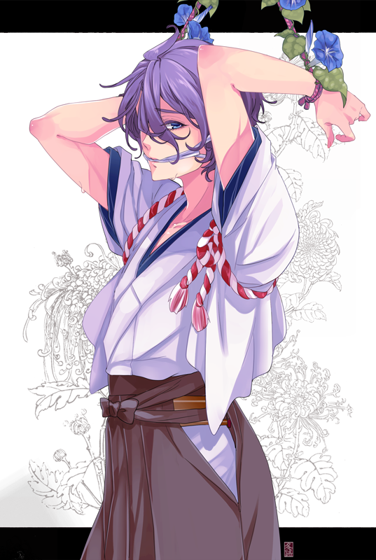 1boy, arms_up, blue_eyes, flower, fu_yukari, gagged, japanese_clothes, kasen_kanesada