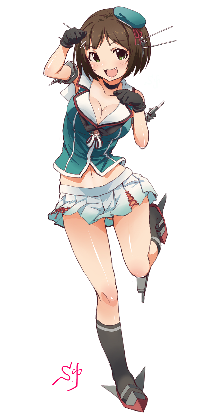 1girl, :3, breasts, brown_hair, cleavage, cosplay, fang, green_eyes