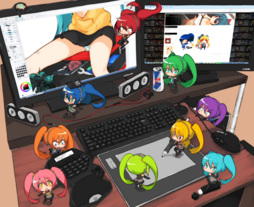 aqua_eyes, aqua_hair, blonde_hair, blue_eyes, blue_hair, chibi, computer_keyboard, computer_mouse, computer_screen, covering, covering_crotch, dual_monitor, earphones, elbow_gloves, gloves, green_eyes, green_hair, gundam, hands_on_hips, hatsune_miku, headphones, highres, looking_at_viewer, memory_card, microphone, multiple_persona, open_mouth, orange_eyes, orange_hair, panties, pantyshot, photoshop, pink_hair, purple_hair, red_bull, red_eyes, redhead, smile, speaker, striped, striped_panties, tears, thigh-highs, twintails, underwear, vocaloid, wavy_mouth, yajirushi_kaku, yellow_eyes, zaku