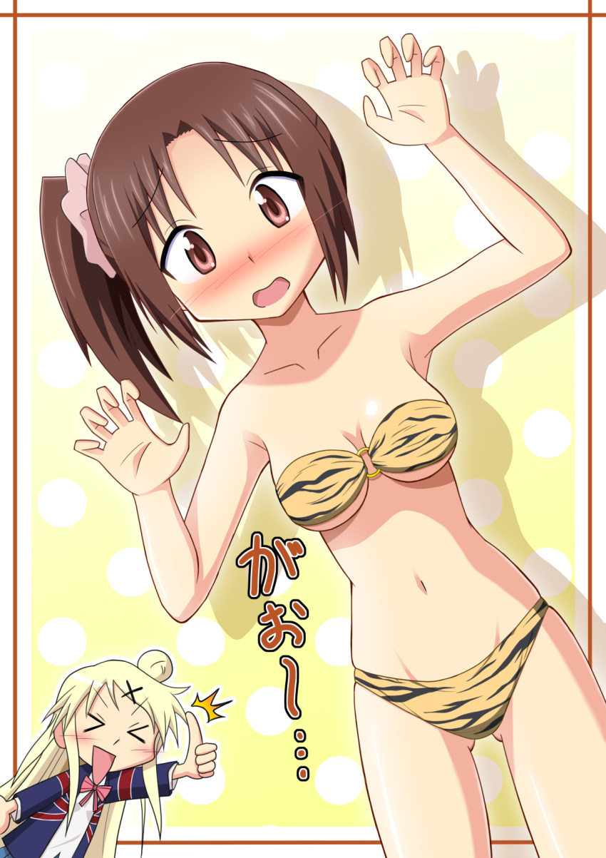 2girls, bikini, blonde_hair, blush, brown_eyes, brown_hair, hair_bun, hair_ornament