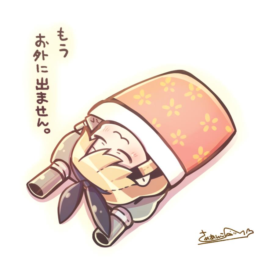 >_<, 1girl, :3, blonde_hair, chibi, closed_eyes, closed_mouth, hairband, kantai_collection, long_hair, pillow, reimu9, rensouhou-chan, shimakaze_(kantai_collection), signature, simple_background, under_covers, white_background