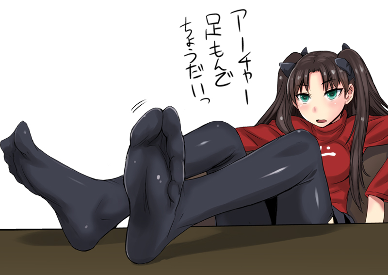 1girl, black_legwear, blush, bow, breasts, brown_hair, fate/stay_night, fate_(series)