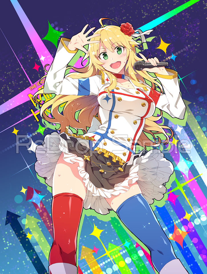 1girl, ahoge, asymmetrical_legwear, blonde_hair, blush, boots, flower, green_eyes