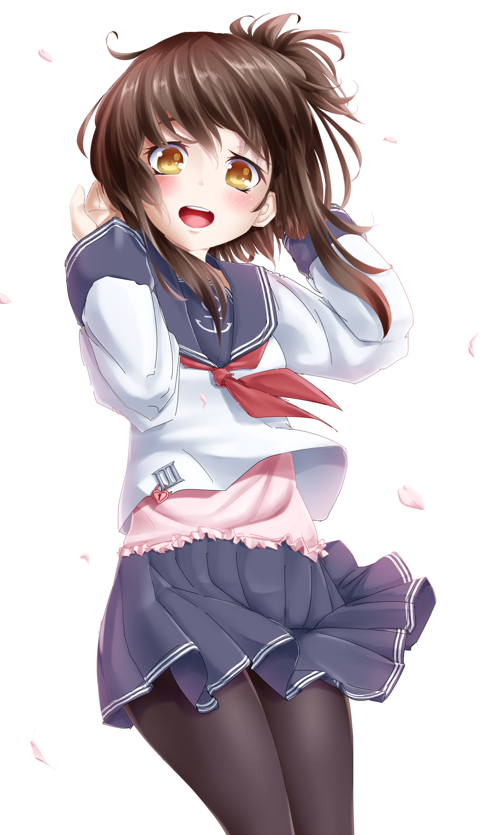 1girl, black_legwear, blush, brown_eyes, brown_hair, colored, cowboy_shot, heart-shaped_lock, highres, inazuma_(kantai_collection), kantai_collection, knees_touching, looking_at_viewer, messy_hair, neckerchief, open_mouth, pantyhose, petals, school_uniform, serafuku, simple_background, skirt, smile, solo, undershirt, white_background, wind, wt