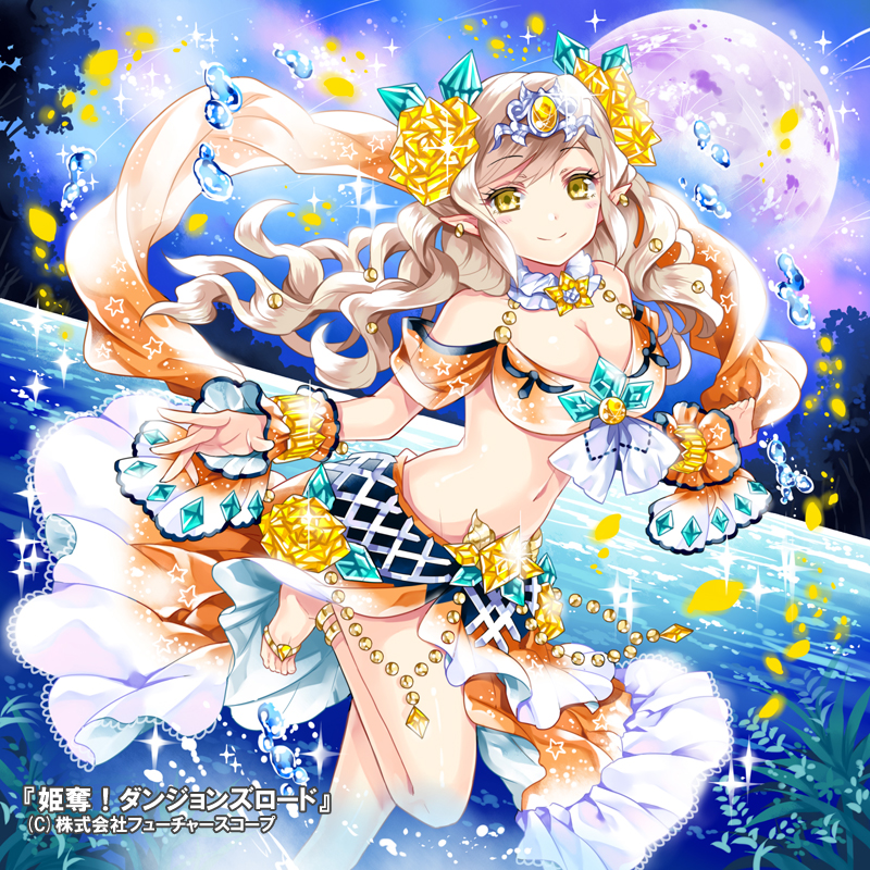 1girl, bare_shoulders, blonde_hair, breasts, cleavage, kidatsu!_dungeons_lord, long_hair, midriff