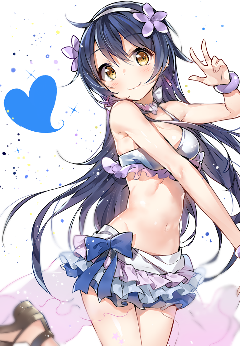1girl, bangle, bare_shoulders, bikini, blue_hair, bracelet, cozyquilt, flower