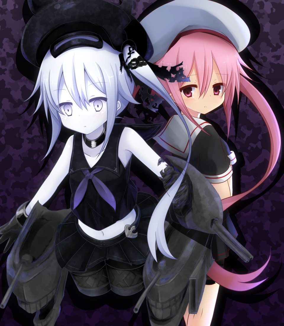 2girls, arm_cannon, back-to-back, bare_shoulders, beret, black_gloves, black_serafuku, black_skirt
