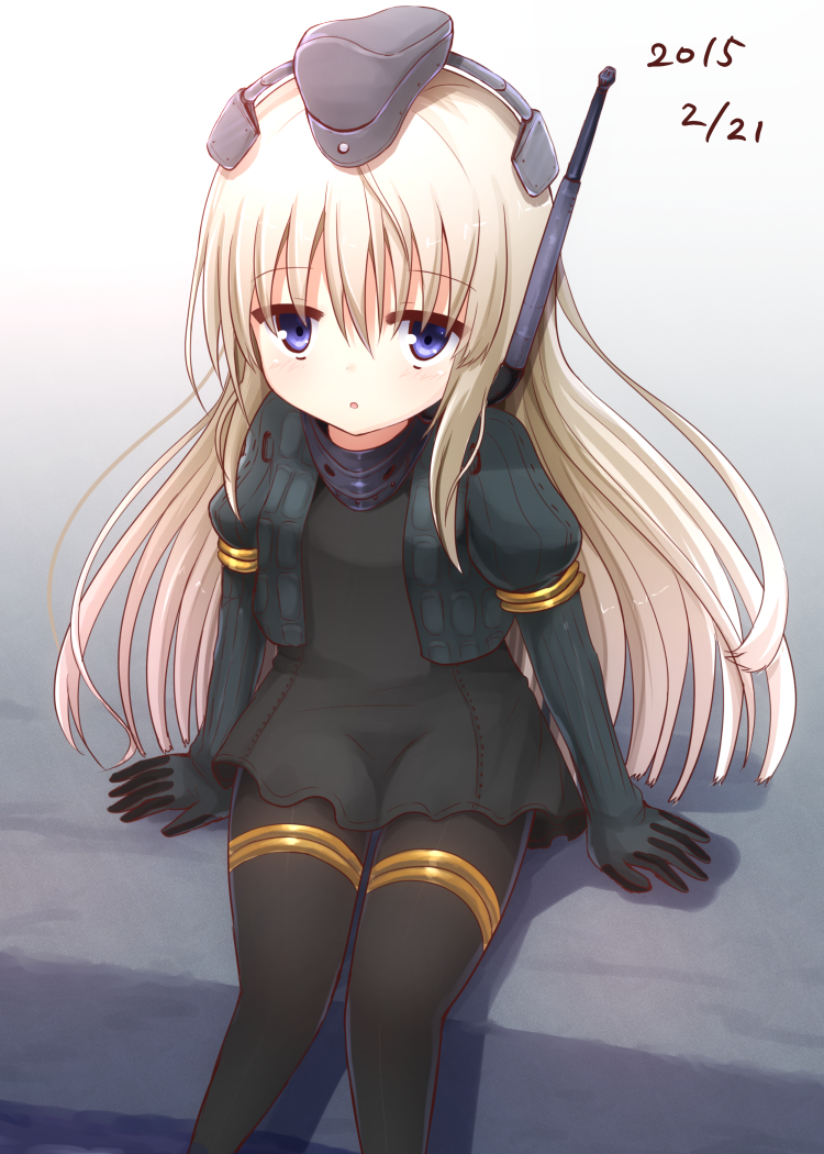 1girl, black_dress, black_legwear, blonde_hair, blue_eyes, cropped_jacket, dated, dress