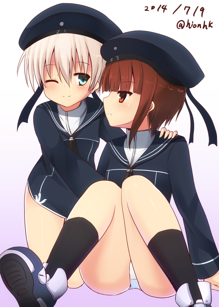 2girls, bangs, black_legwear, blonde_hair, blue_eyes, blunt_bangs, brown_eyes, brown_hair