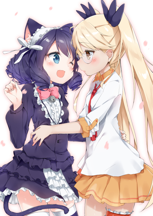 2girls, animal_ears, bangs, bell, bell_collar, blonde_hair, blue_eyes, blue_hair