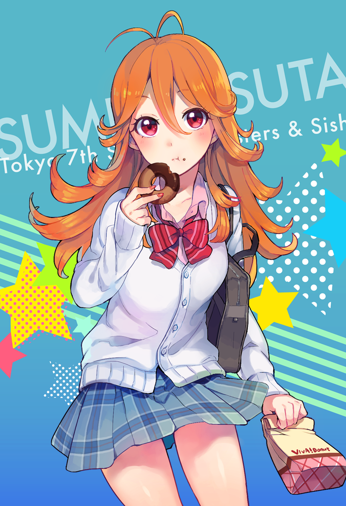 1girl, :t, antenna_hair, bag, bow, collared_shirt, copyright_name, doughnut, eating, food, food_on_face, fujino_(unajisaiko), looking_at_viewer, nail_polish, orange_hair, pink_nails, plaid, plaid_skirt, red_eyes, sack, school_bag, school_uniform, shirt, skirt, solo, tokyo_7th_sisters, usuta_sumire