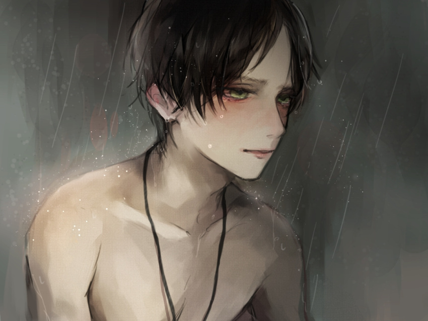 1boy, black_hair, eren_yeager, green_eyes, male_focus, rain, sad, shingeki_no_kyojin, short_hair, solo, tears, topless, upper_body, yume_(ymym_62)