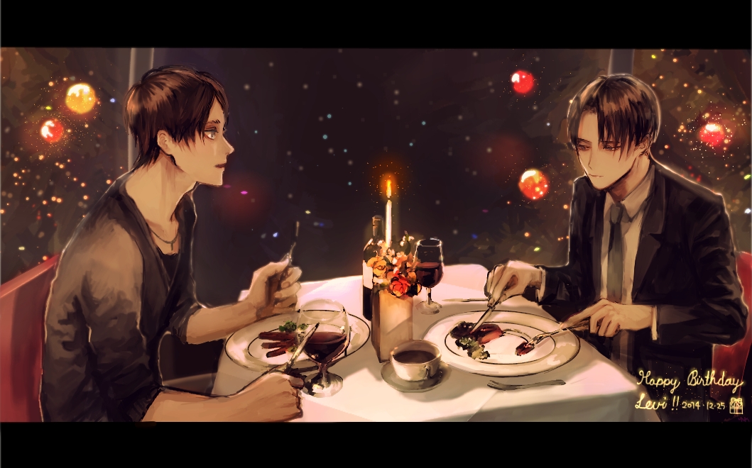 2014, 2boys, alcohol, bottle, candle, character_name, cup, dated