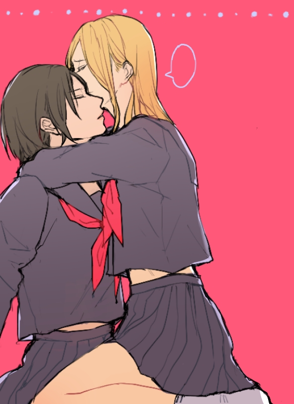 2girls, brown_hair, christa_renz, closed_eyes, empty_textbubbles, from_side, grey_skirt, hair_down