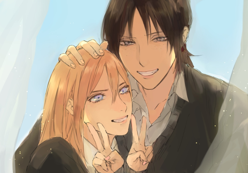 2girls, blonde_hair, blue_eyes, brown_hair, christa_renz, double_v, grin, hair_between_eyes