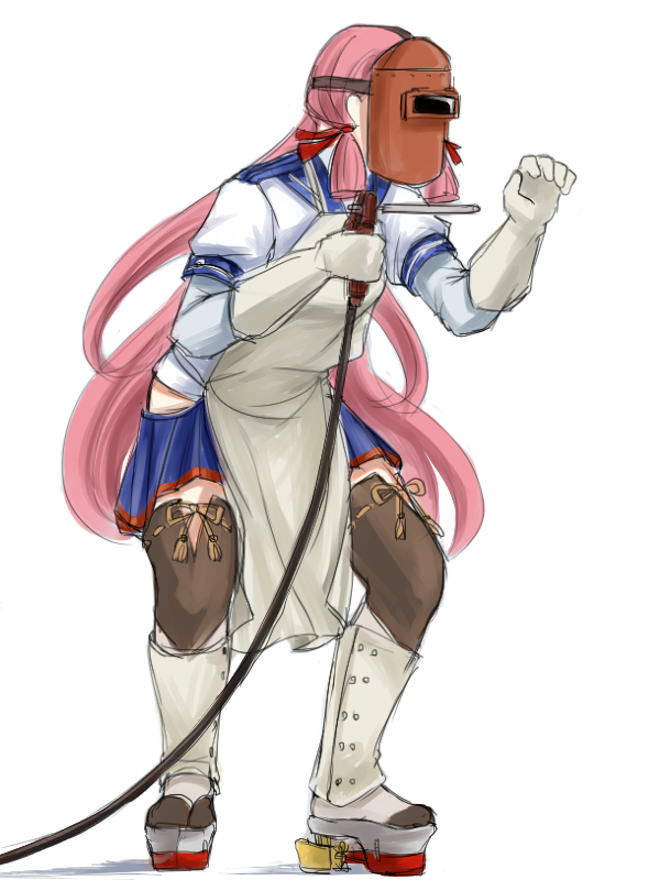 1girl, akashi_(kantai_collection), apron, flanker_(flanker8649), gloves, hair_ribbon, kantai_collection, long_hair, mask, pink_hair, ribbon, school_uniform, serafuku, side_slit, skirt, solo, thigh-highs, tress_ribbon, twintails, welding_mask