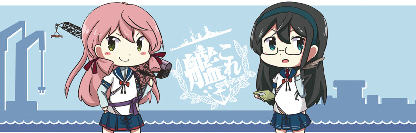 2girls, akashi_(kantai_collection), black_hair, blue_eyes, blush, chibi, fukodesu, glasses