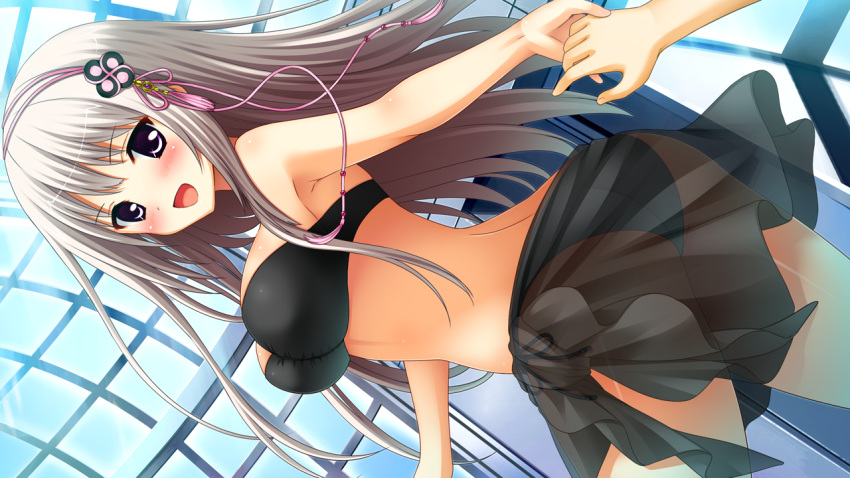 1girl, ass, bikini, black_bikini, blush, dutch_angle, game_cg, hair_ornament