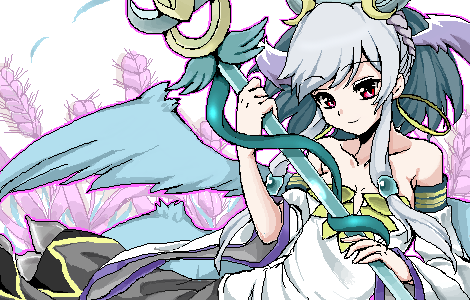 1girl, bare_shoulders, blue_wings, breasts, cleavage, crescent_hair_ornament, detached_sleeves, dress