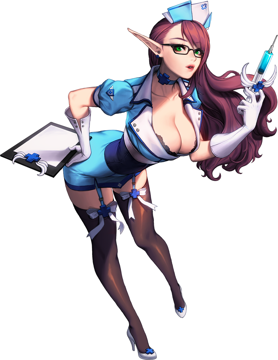 1girl, alternate_costume, bent_over, black_legwear, breasts, brown_hair, chaos_online, choker, cleavage, garter_straps, glasses, gloves, green_eyes, hat, high_heels, highres, large_breasts, lips, long_hair, looking_at_viewer, love_cacao, nurse, nurse_cap, official_art, parted_lips, pointy_ears, reiden, simple_background, solo, syringe, thigh-highs, transparent_background