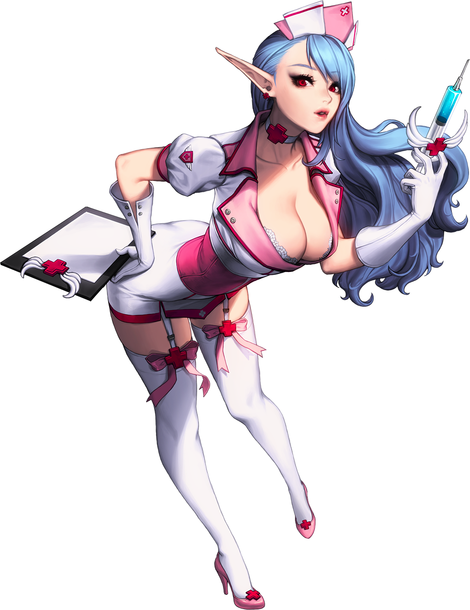 1girl, alternate_costume, bent_over, blue_hair, breasts, chaos_online, choker, cleavage, garter_straps, gloves, hat, high_heels, highres, large_breasts, lips, long_hair, looking_at_viewer, love_cacao, nurse, nurse_cap, official_art, parted_lips, pointy_ears, red_eyes, reiden, simple_background, solo, syringe, thigh-highs, transparent_background, white_legwear