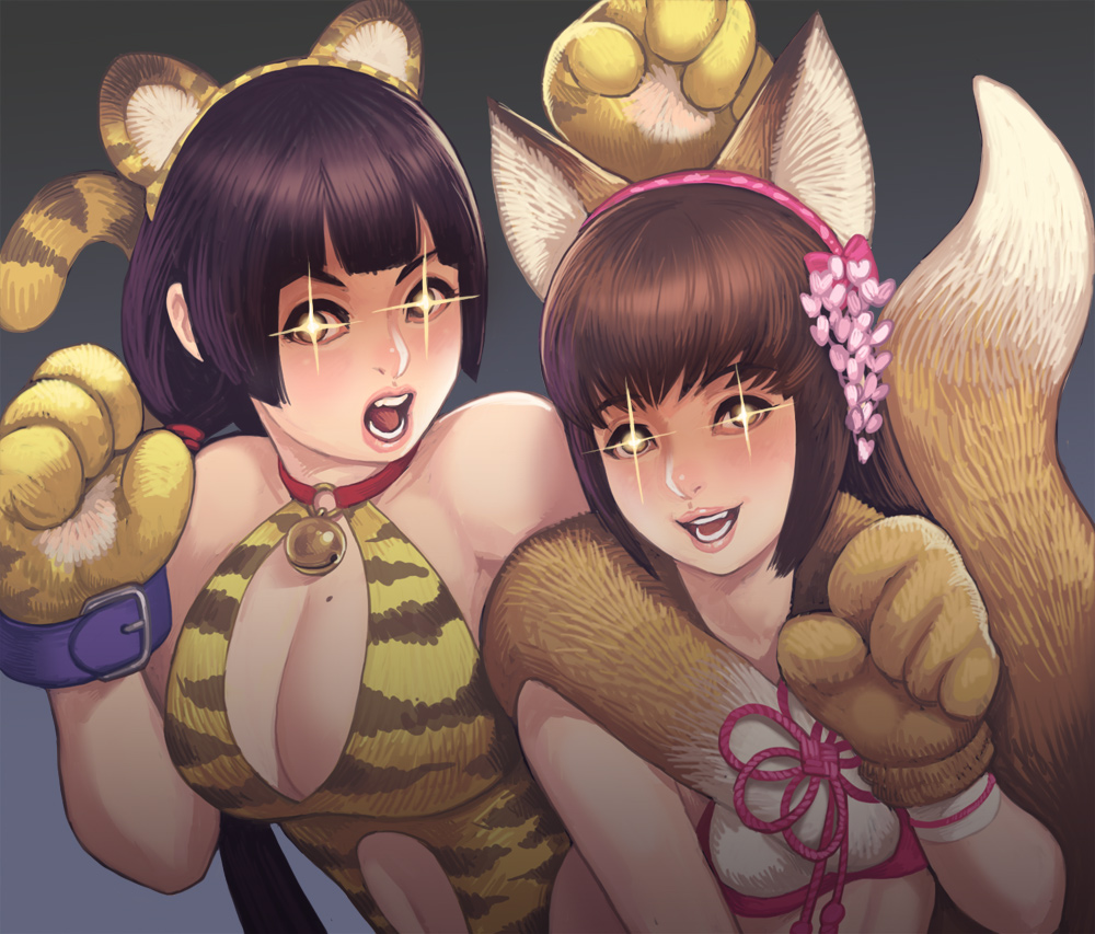 +_+, 2girls, animal_ears, bell, bell_choker, black_hair, blush, breasts, choker, cleavage, cleavage_cutout, emphasis_lines, fox_ears, fox_tail, fur_collar, gloves, ii_naotora, kemonomimi_mode, large_breasts, leotard, lips, long_hair, maou_alba, mole, mole_on_breast, multiple_girls, navel_cutout, nose, o-ring_top, oichi_(sengoku_musou), open_mouth, paw_gloves, paw_pose, rape_face, sengoku_musou, sengoku_taisen, short_hair, tail, tiger_ears, tiger_print, tiger_tail